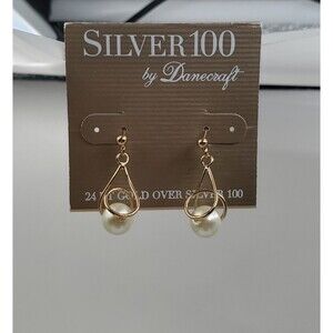 Silver 100 by Dancecraft Dangle Faux Pearl Earrings 24kt Gold over .925 Metal
